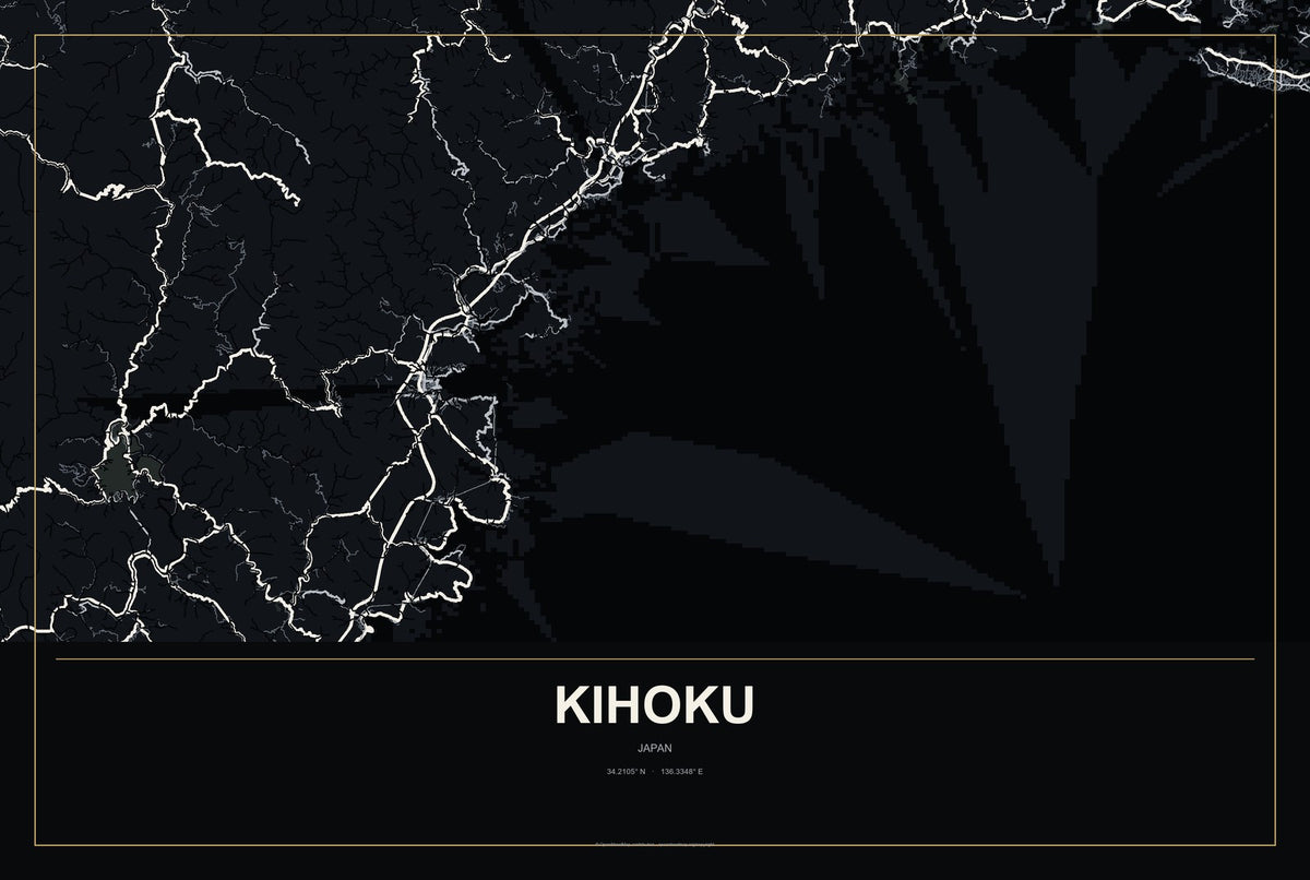 Kihoku, Japan City Map Aluminum Sign in Metropolitan Noir style
