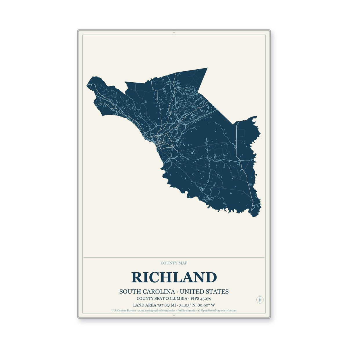 Richland County, South Carolina Map Aluminum Sign in Coastal Cutout style
