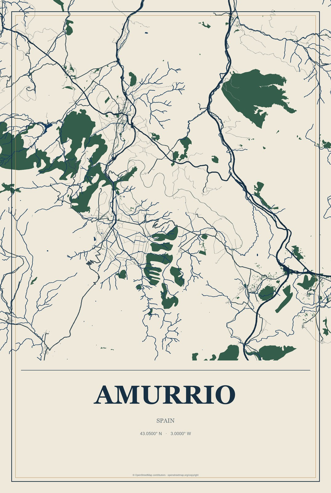 Amurrio, Spain City Map Aluminum Sign in Coastal Cutout style
