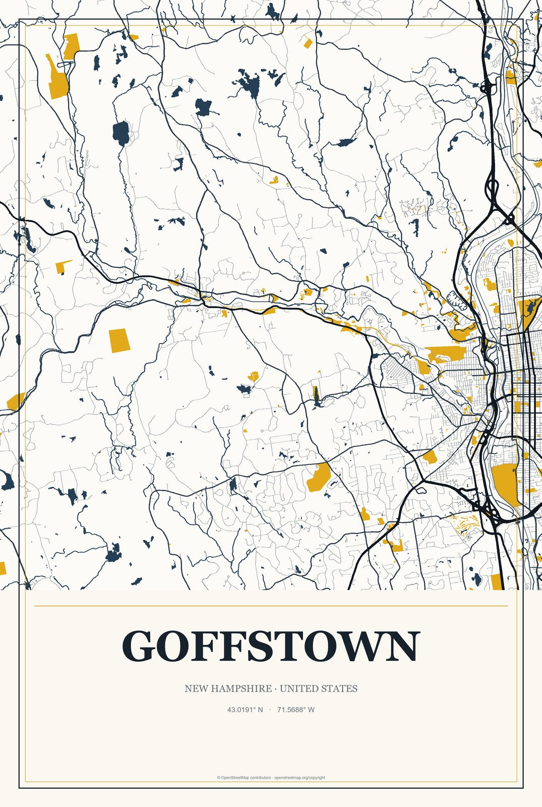 Goffstown, New Hampshire City Map Aluminum Sign in Citrine Modern style