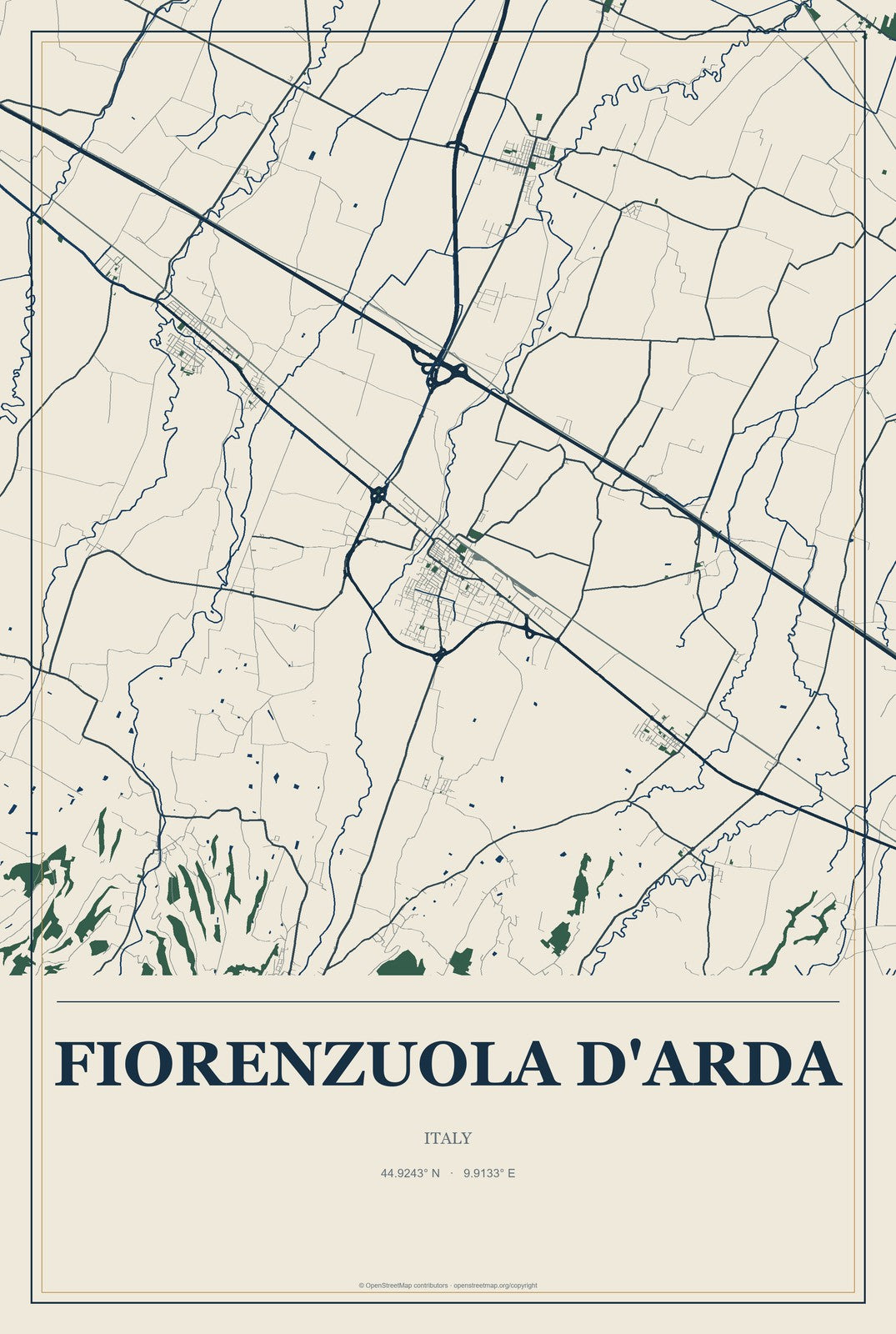 Fiorenzuola d'Arda, Italy City Map Aluminum Sign in Coastal Cutout style