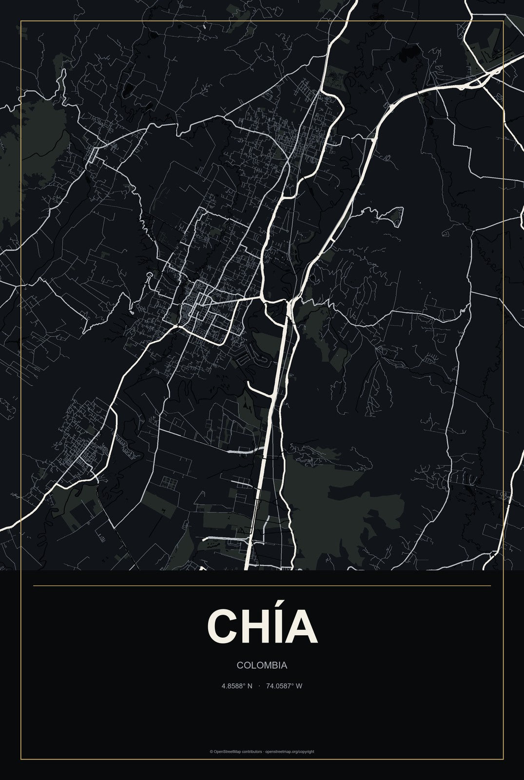 Chía, Colombia City Map Aluminum Sign in Metropolitan Noir style