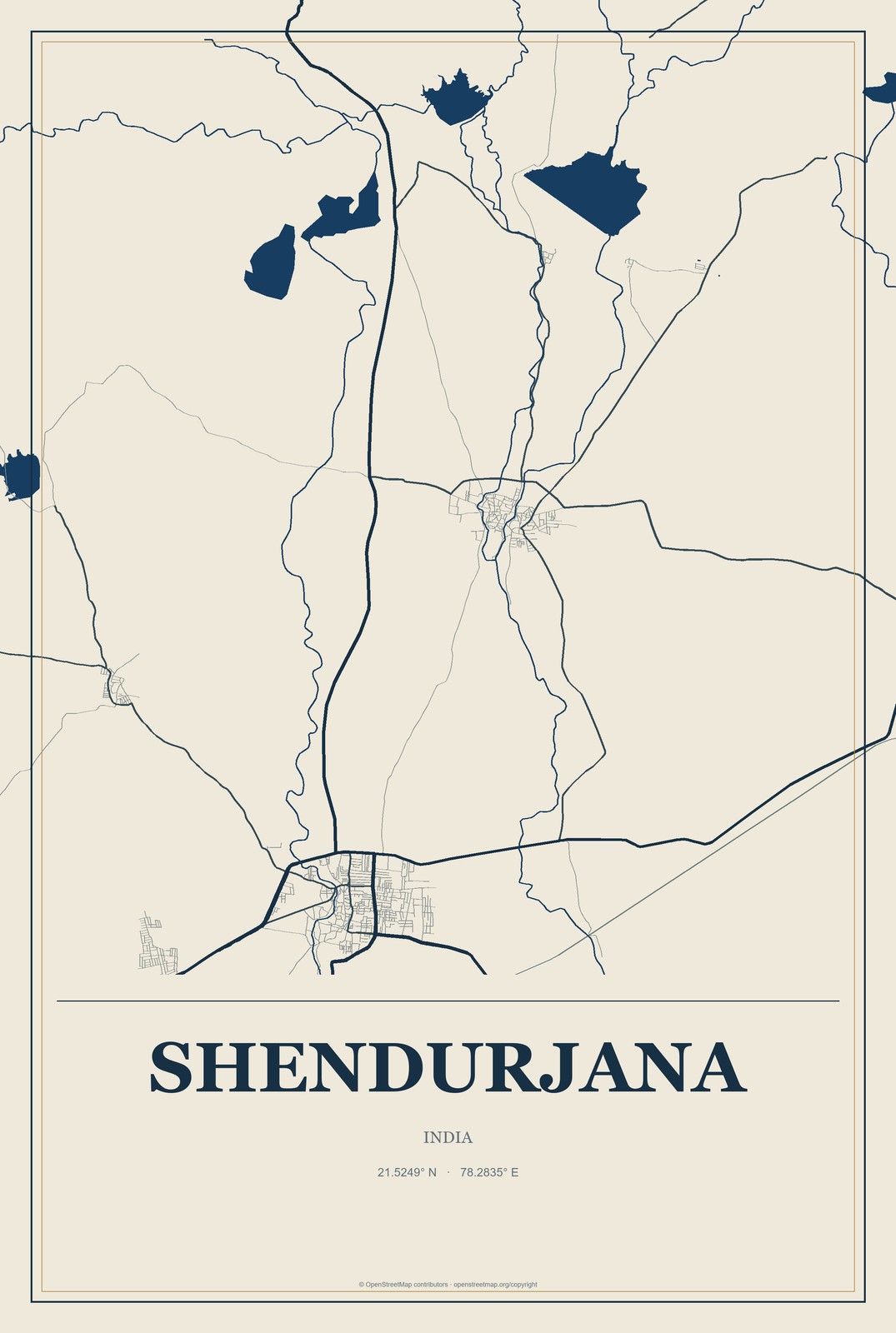 Shendurjana, India City Map Aluminum Sign in Coastal Cutout style