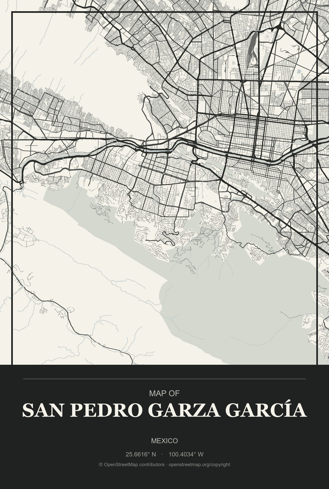 San Pedro Garza García, Mexico City Map Aluminum Sign in Museum Plaque style