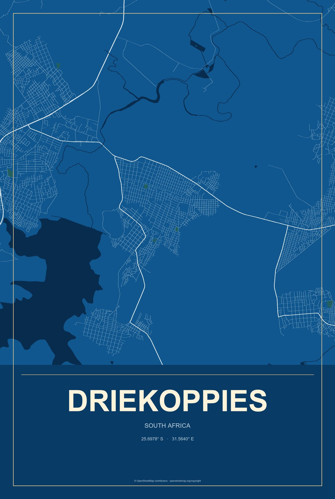 Driekoppies, South Africa City Map Aluminum Sign in Harbor Cobalt style