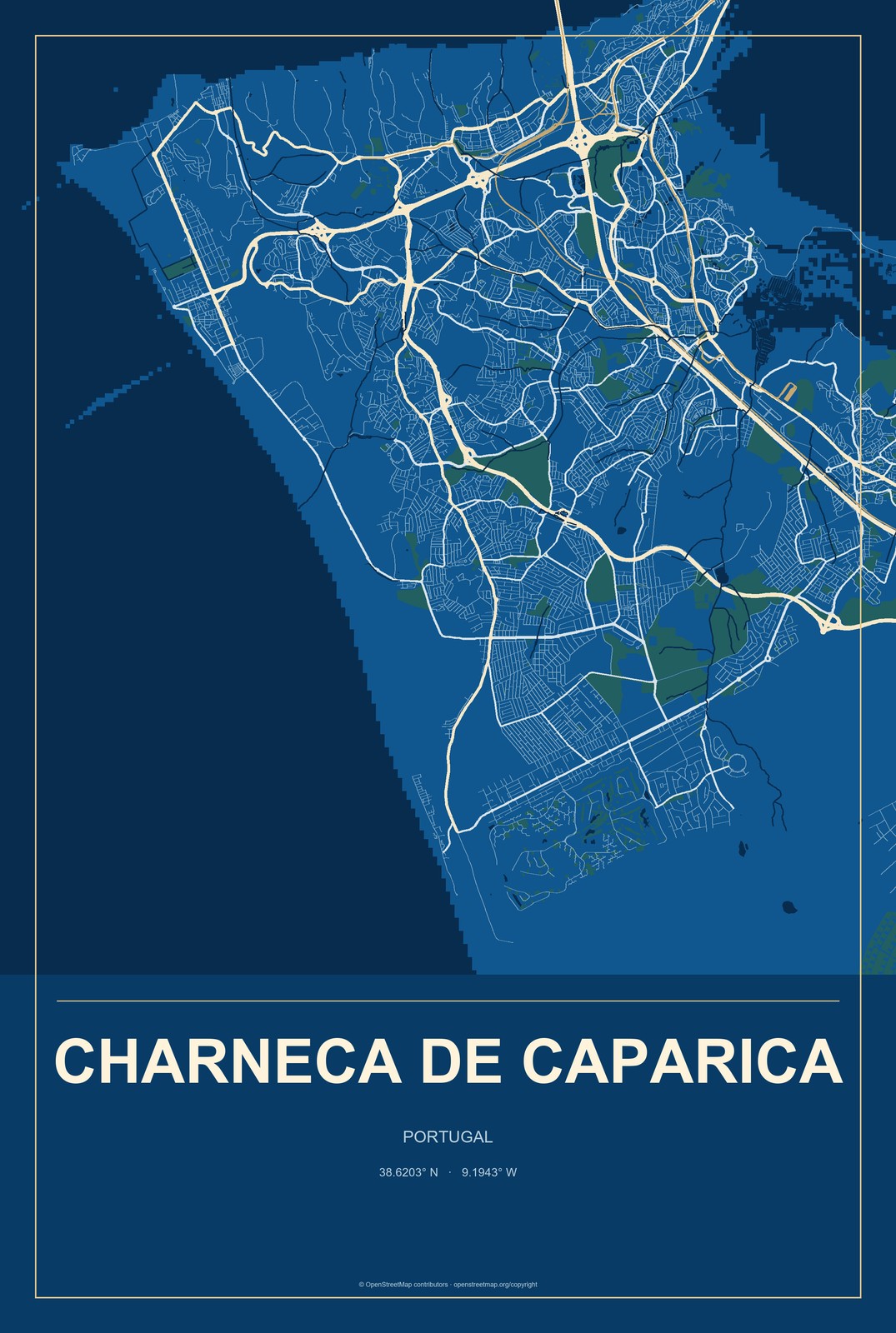 Charneca de Caparica, Portugal City Map Aluminum Sign in Harbor Cobalt style
