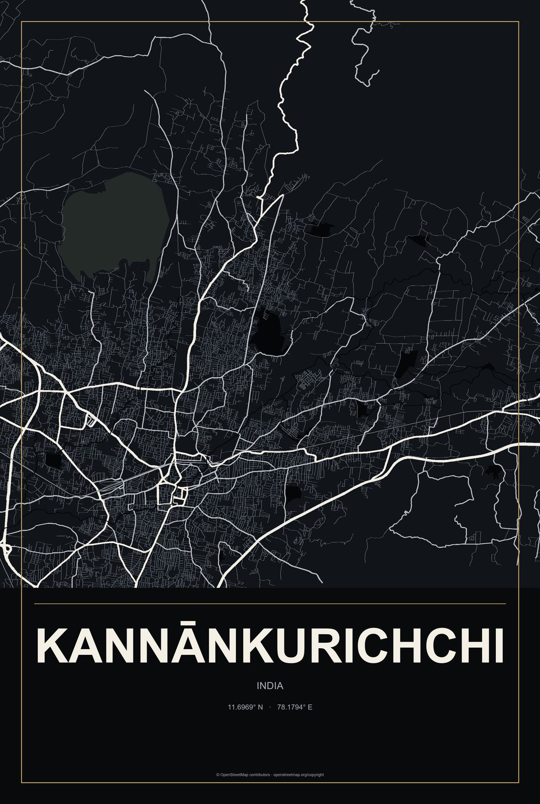 Kannānkurichchi, India City Map Aluminum Sign in Metropolitan Noir style
