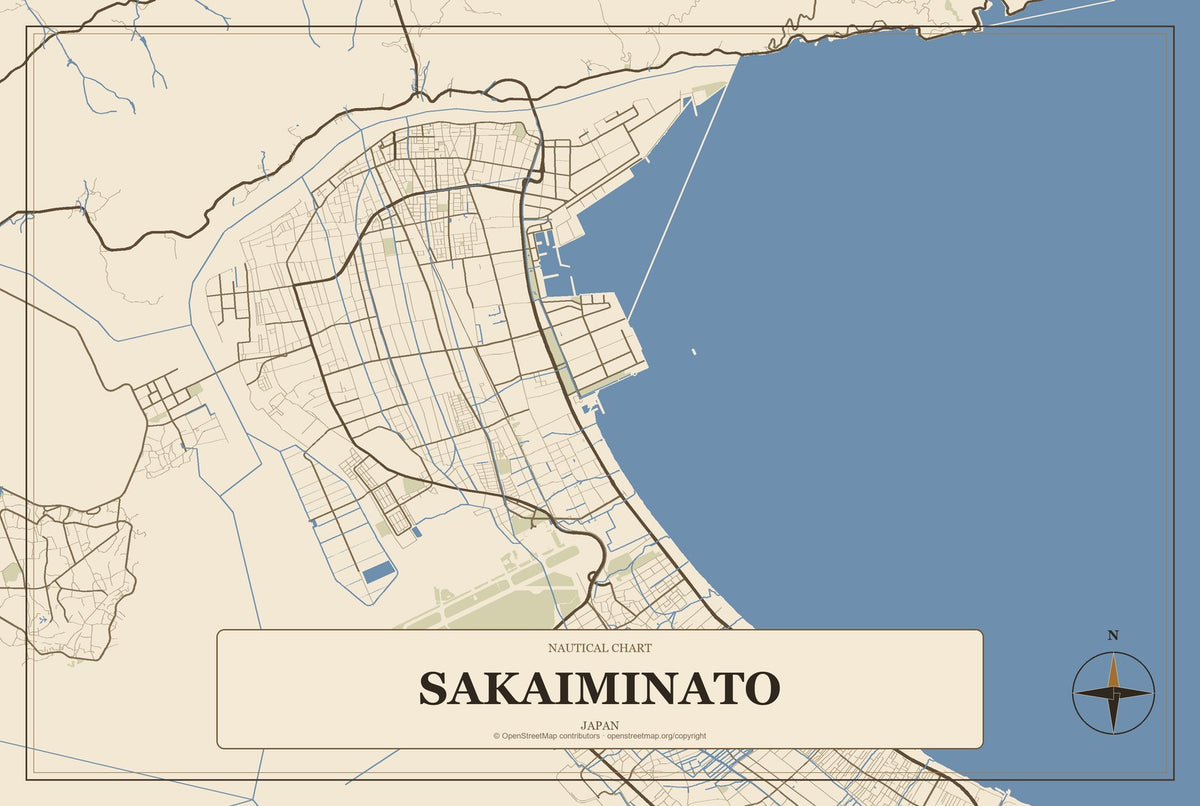 Sakaiminato, Japan City Map Aluminum Sign in Heritage Nautical style