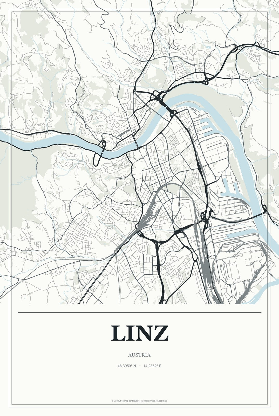 Linz, Austria City Map Aluminum Sign in Gallery Air style