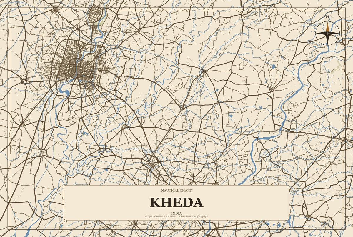 Kheda, India City Map Aluminum Sign in Heritage Nautical style