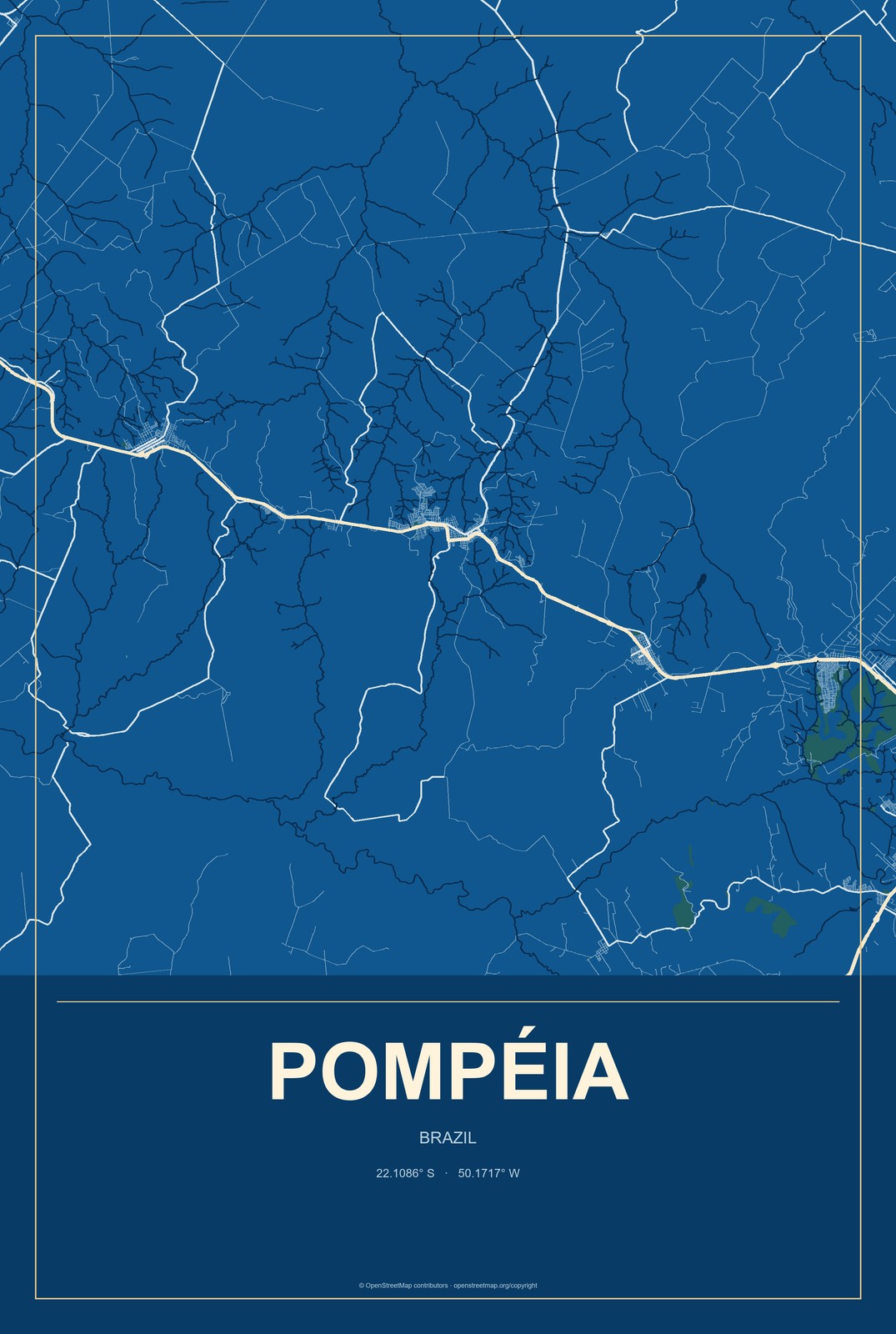 Pompéia, Brazil City Map Aluminum Sign in Harbor Cobalt style