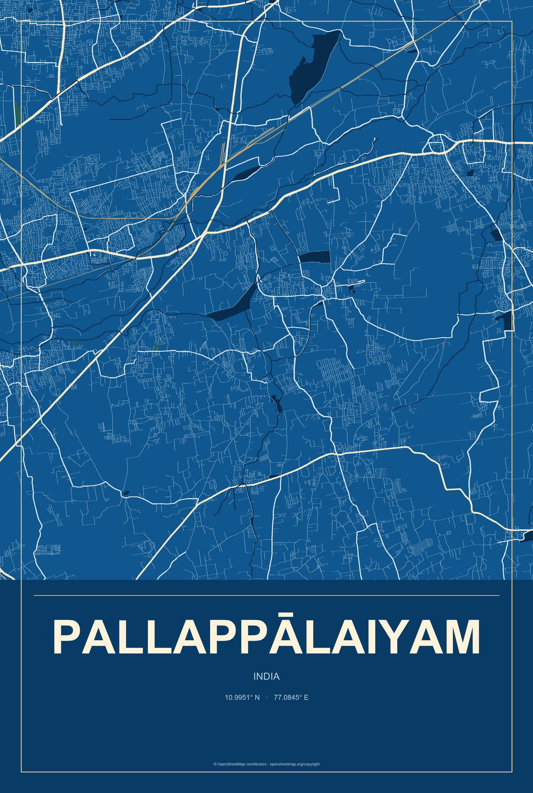 Pallappālaiyam, India City Map Aluminum Sign in Harbor Cobalt style