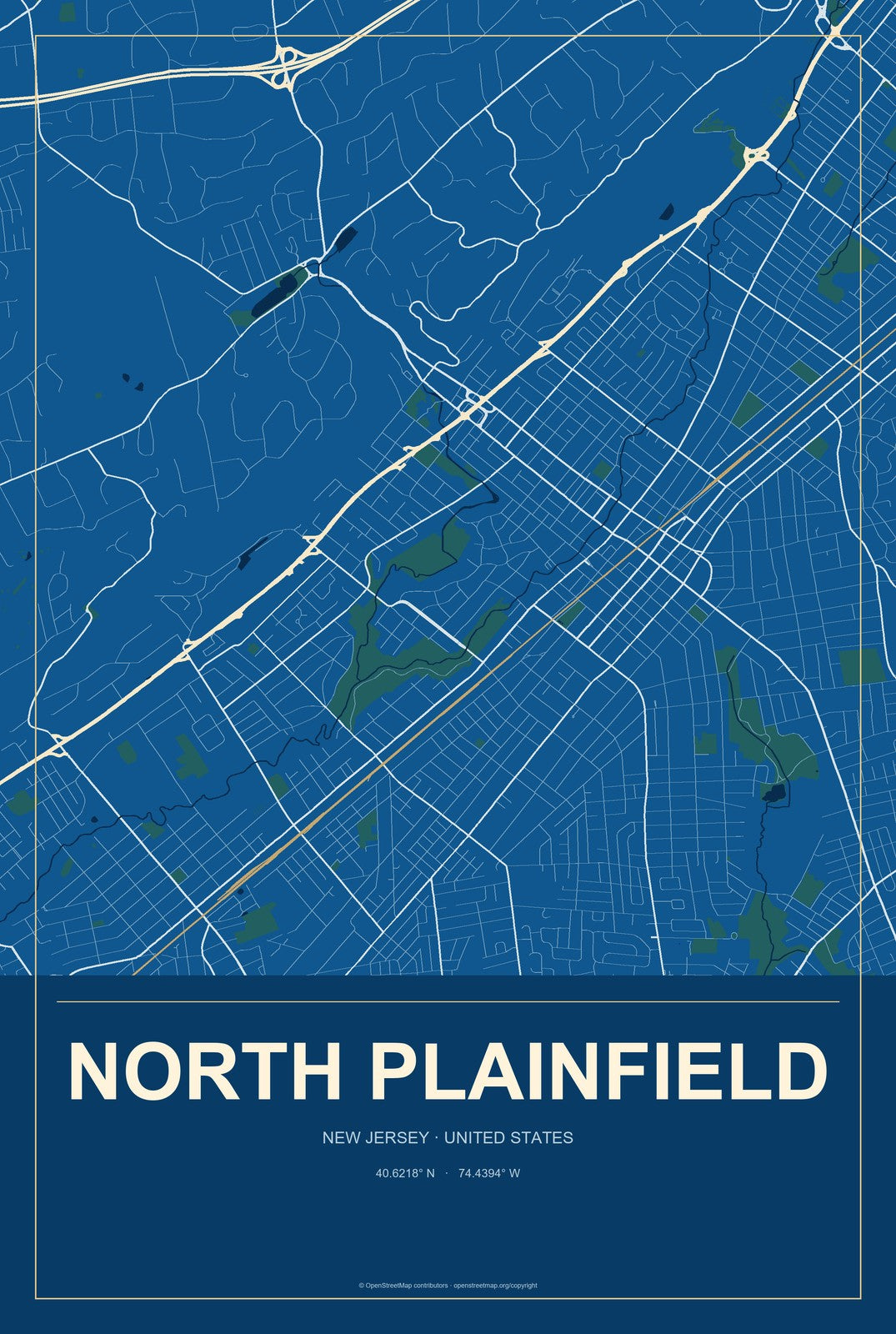 North Plainfield, New Jersey City Map Aluminum Sign in Harbor Cobalt style