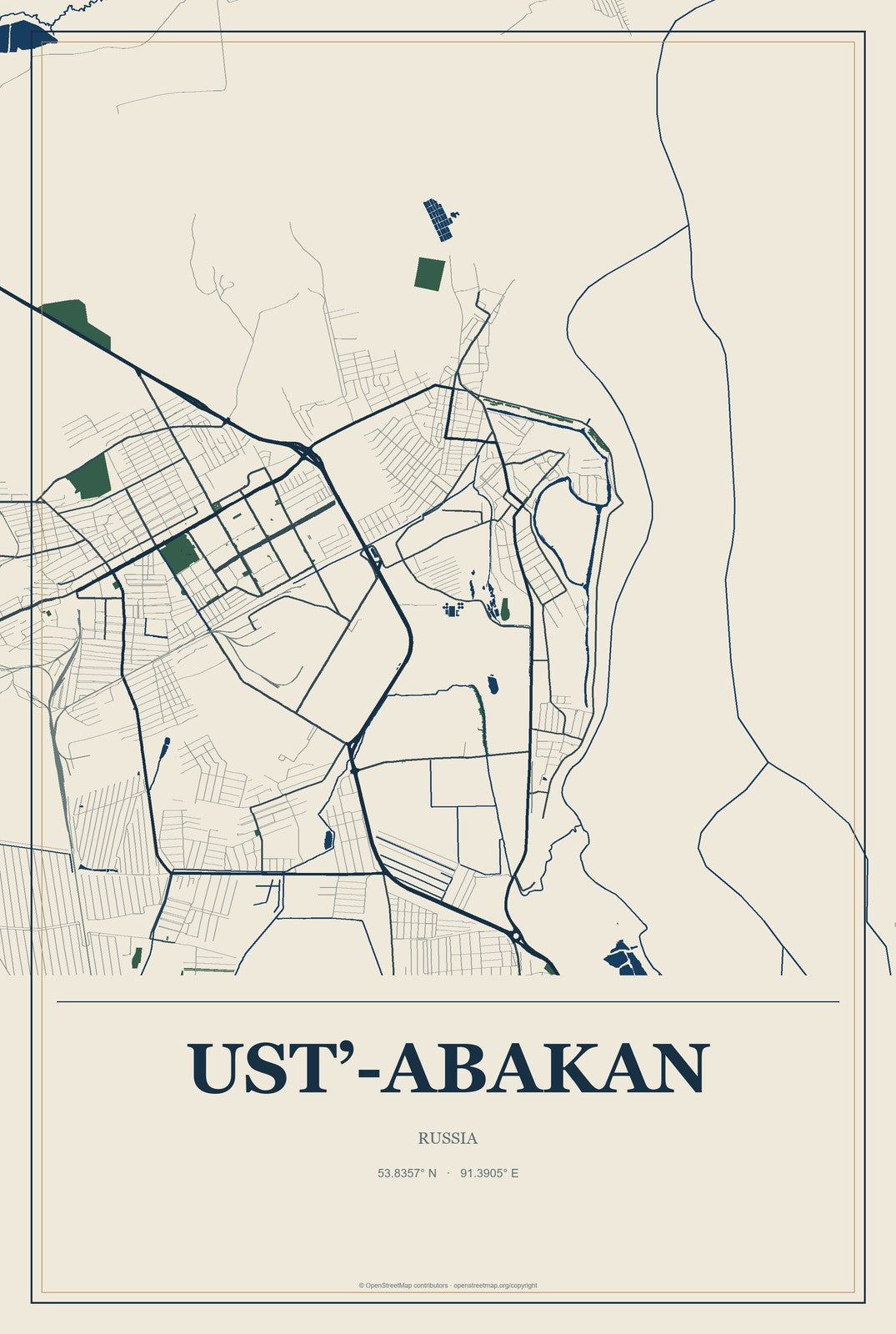 Ust’-Abakan, Russia City Map Aluminum Sign in Coastal Cutout style