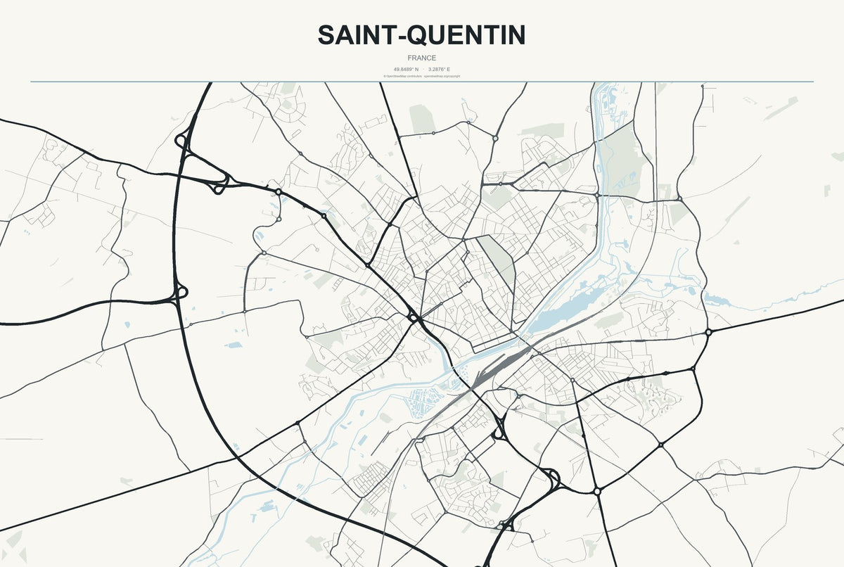 Saint-Quentin, France City Map Aluminum Sign in Headline Atlas style