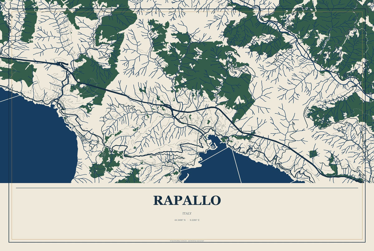 Rapallo, Italy City Map Aluminum Sign in Coastal Cutout style