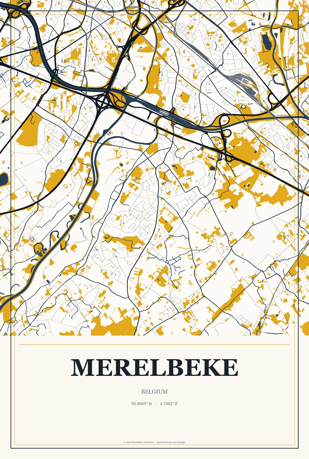 Merelbeke, Belgium City Map Aluminum Sign in Citrine Modern style
