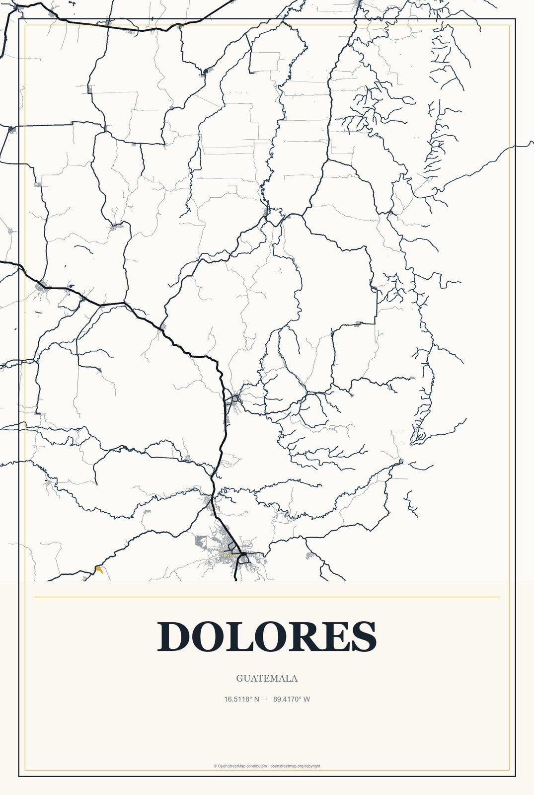 Dolores, Guatemala City Map Aluminum Sign in Citrine Modern style