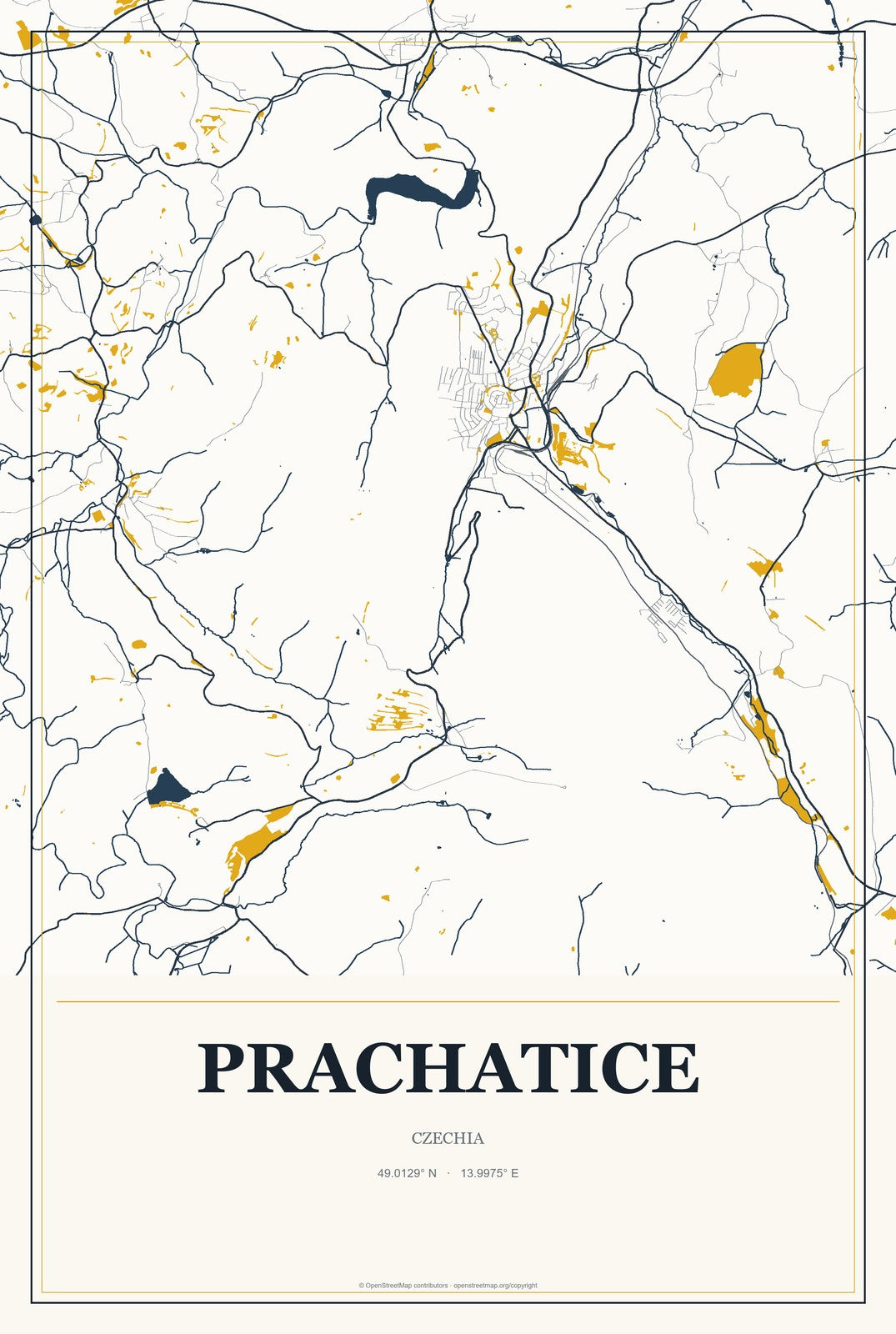 Prachatice, Czechia City Map Aluminum Sign in Citrine Modern style