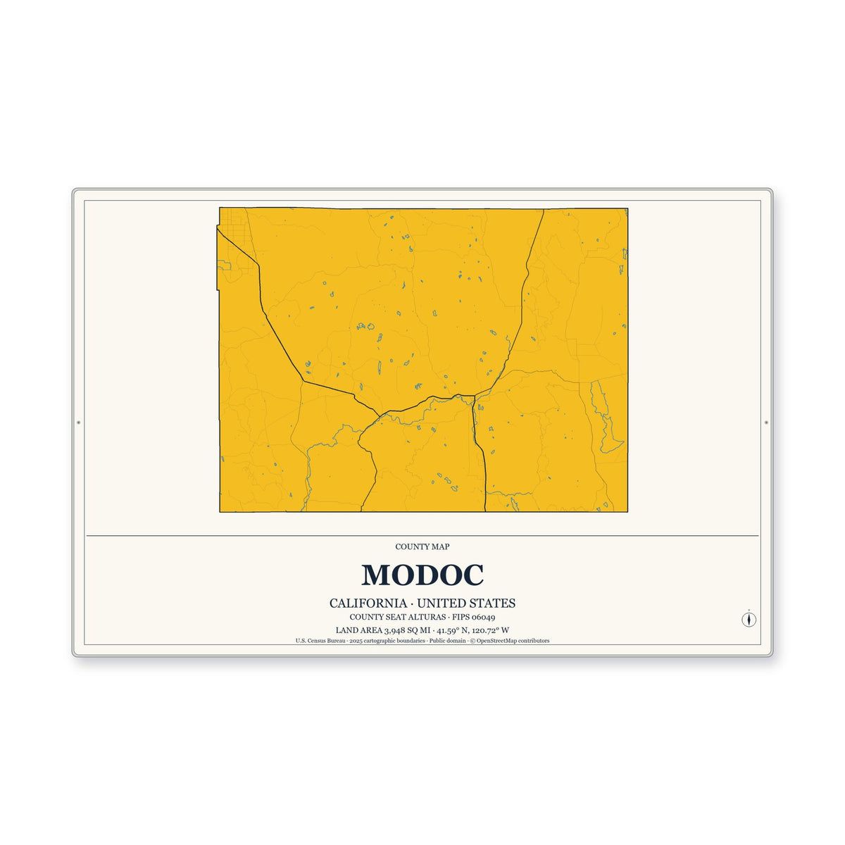 Modoc County, California Map Aluminum Sign in Citrine Modern style