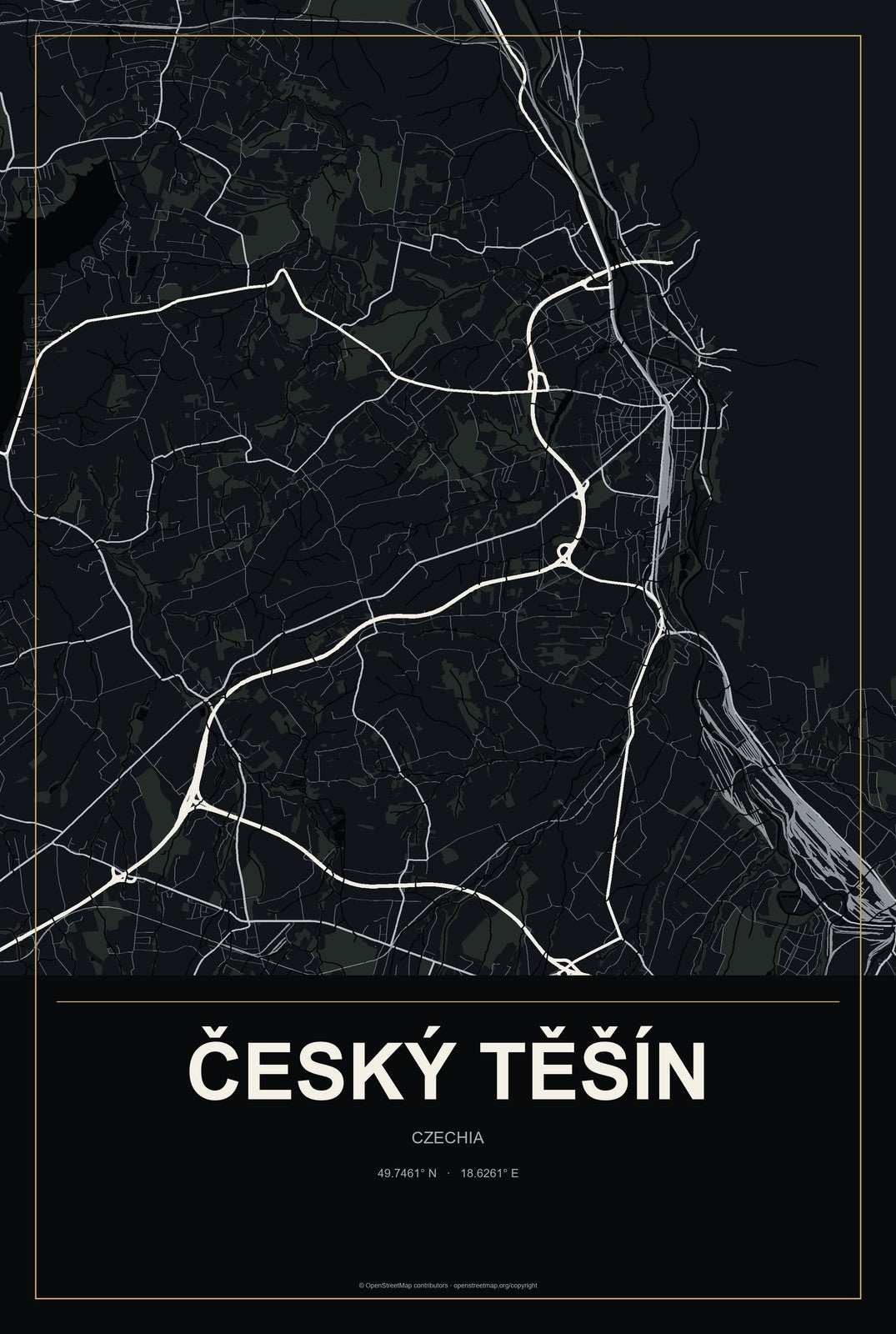 Český Těšín, Czechia City Map Aluminum Sign in Metropolitan Noir style