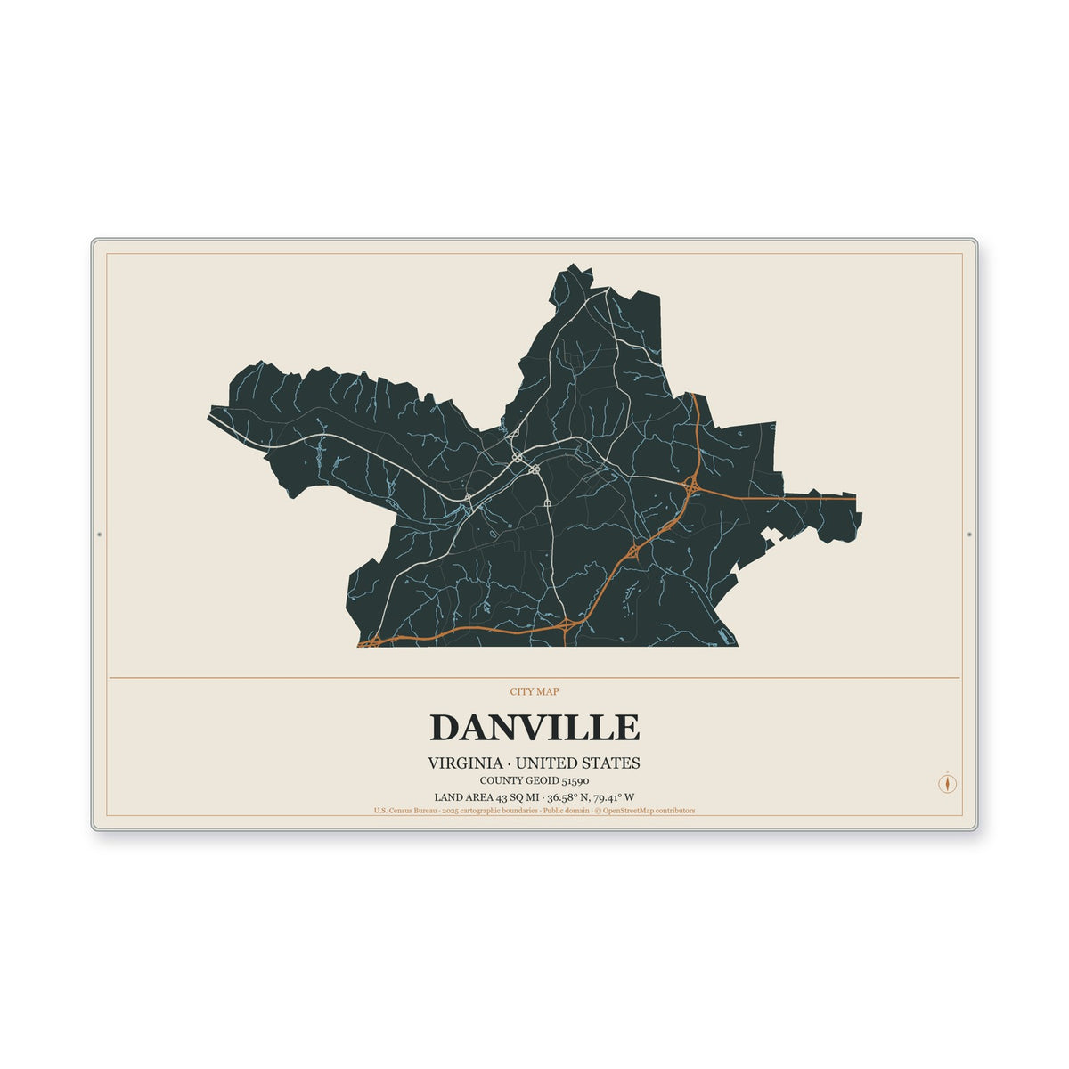 Danville city, Virginia Map Aluminum Sign in Headline Atlas style