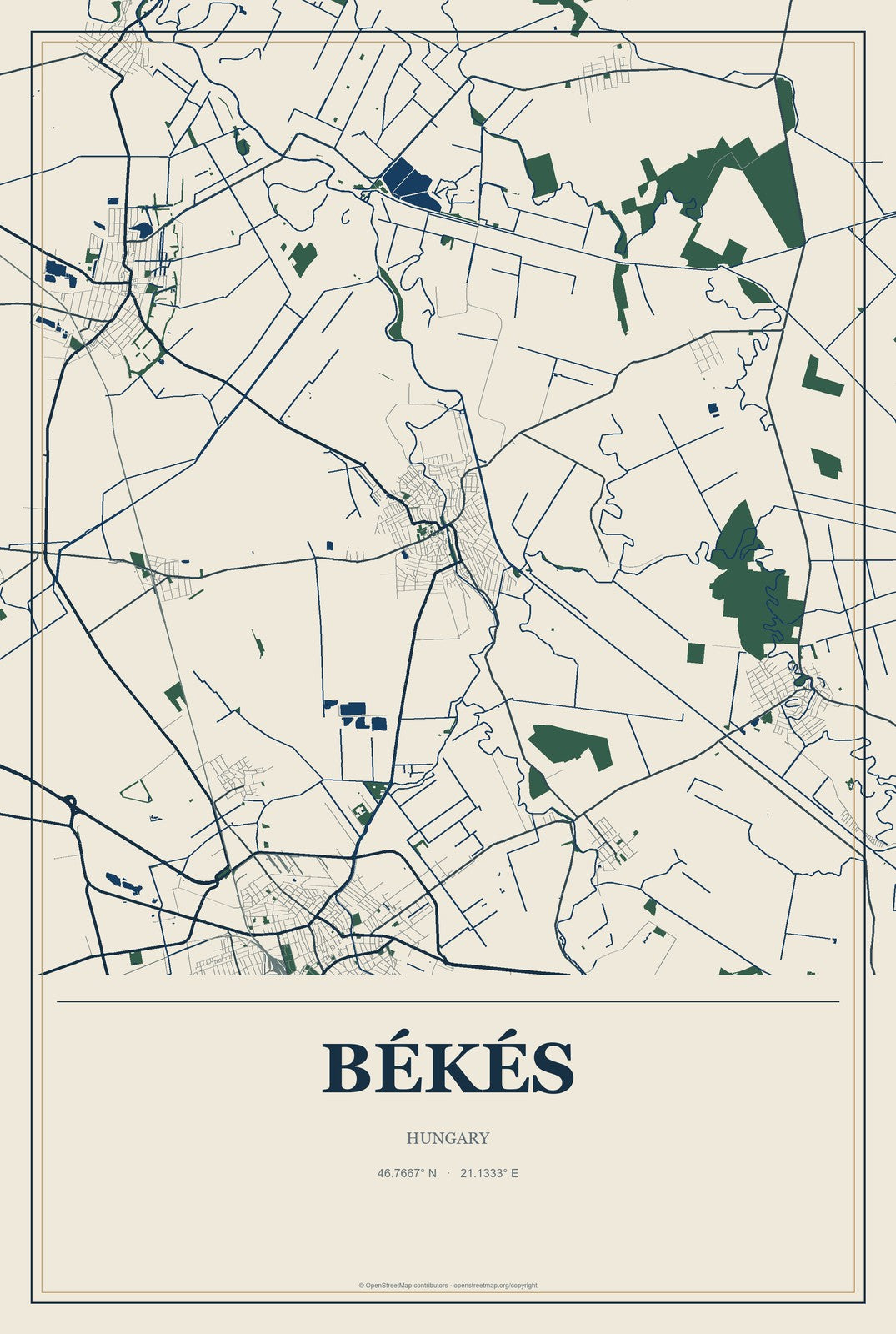 Békés, Hungary City Map Aluminum Sign in Coastal Cutout style