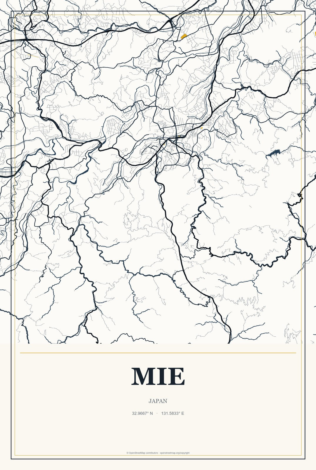 Mie, Japan City Map Aluminum Sign in Citrine Modern style