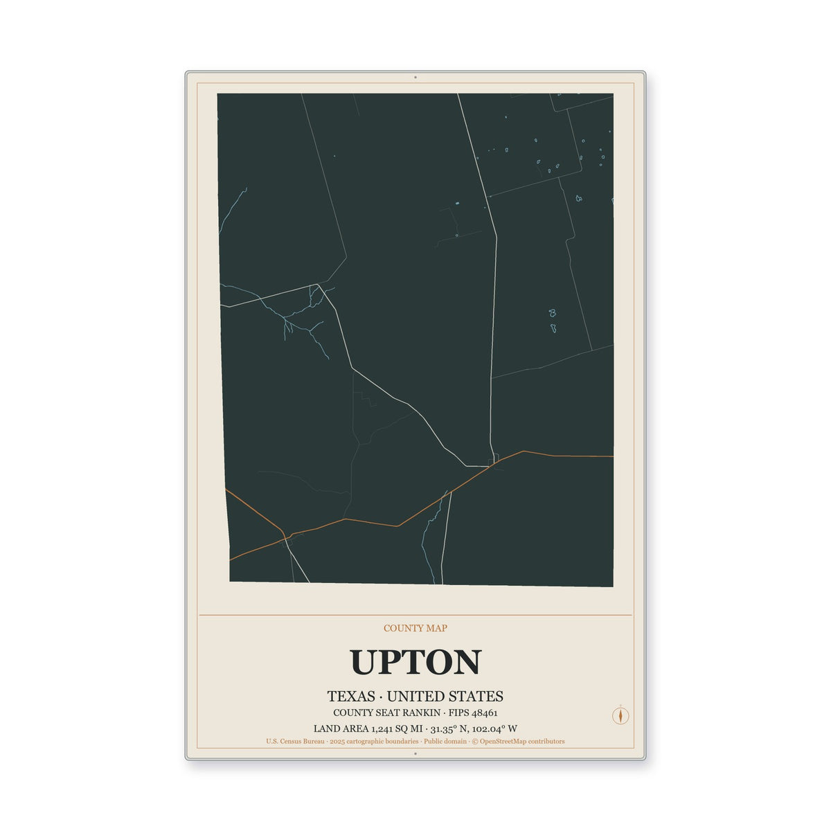Upton County, Texas Map Aluminum Sign in Headline Atlas style