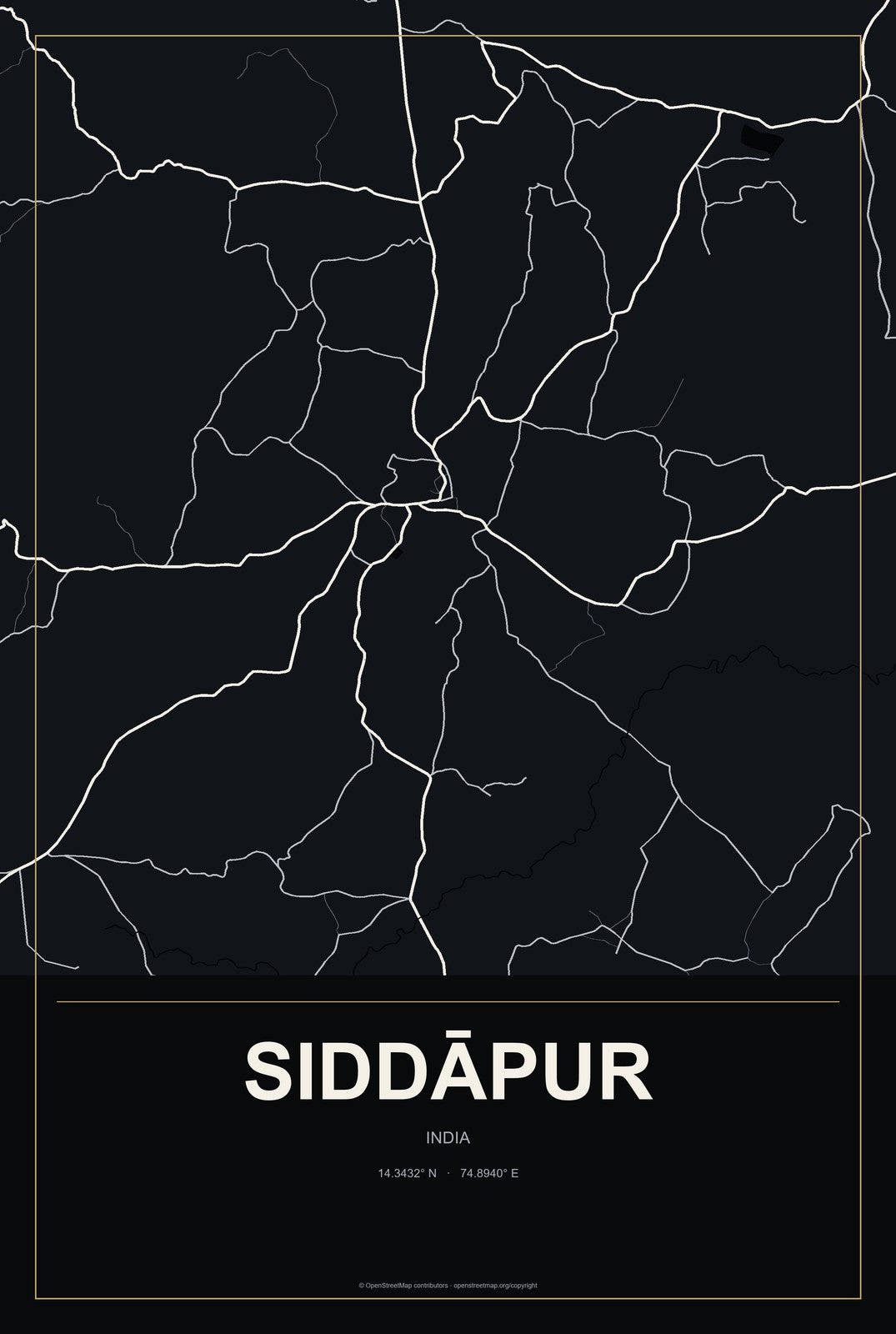 Siddāpur, India City Map Aluminum Sign in Metropolitan Noir style