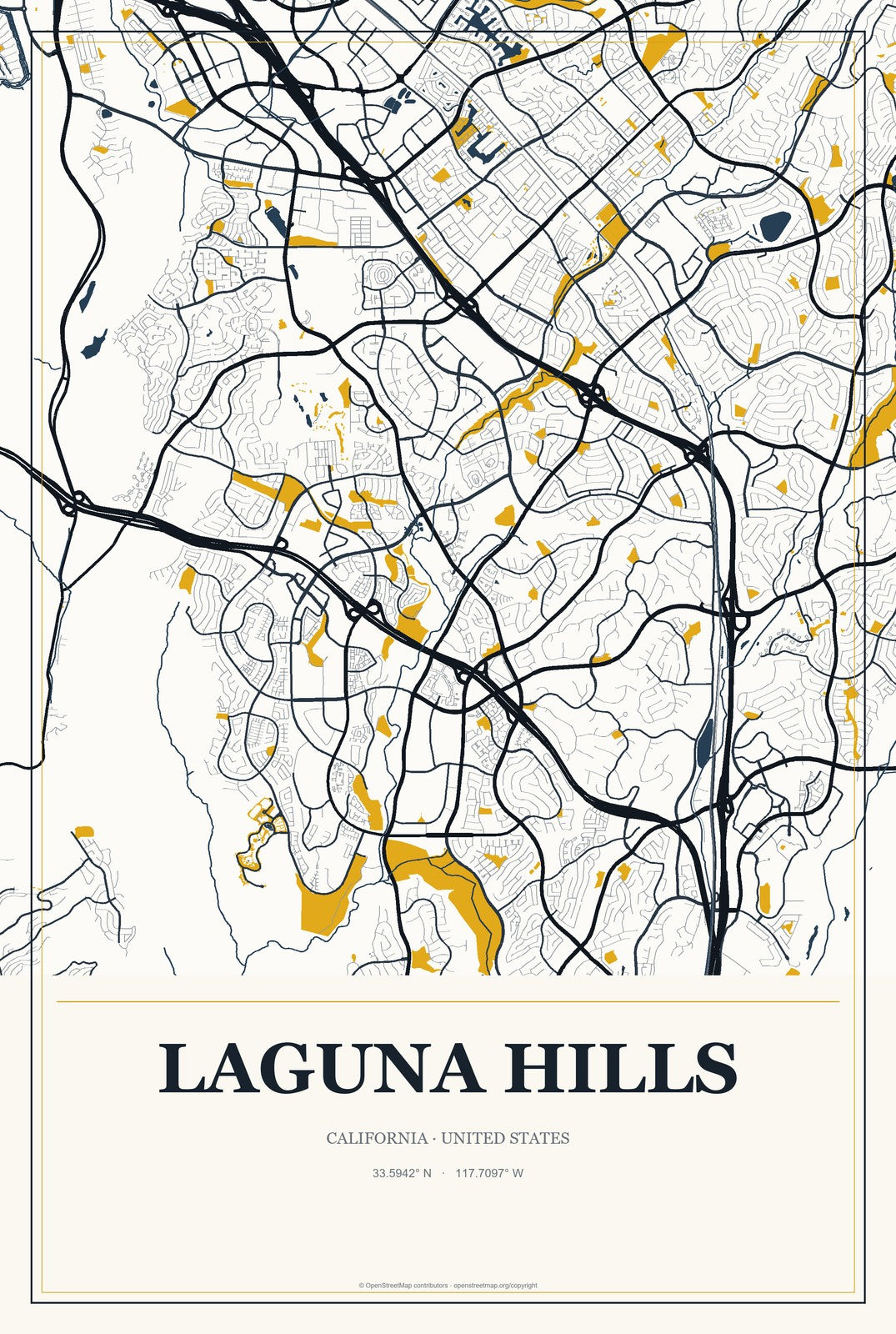 Laguna Hills, California City Map Aluminum Sign in Citrine Modern style