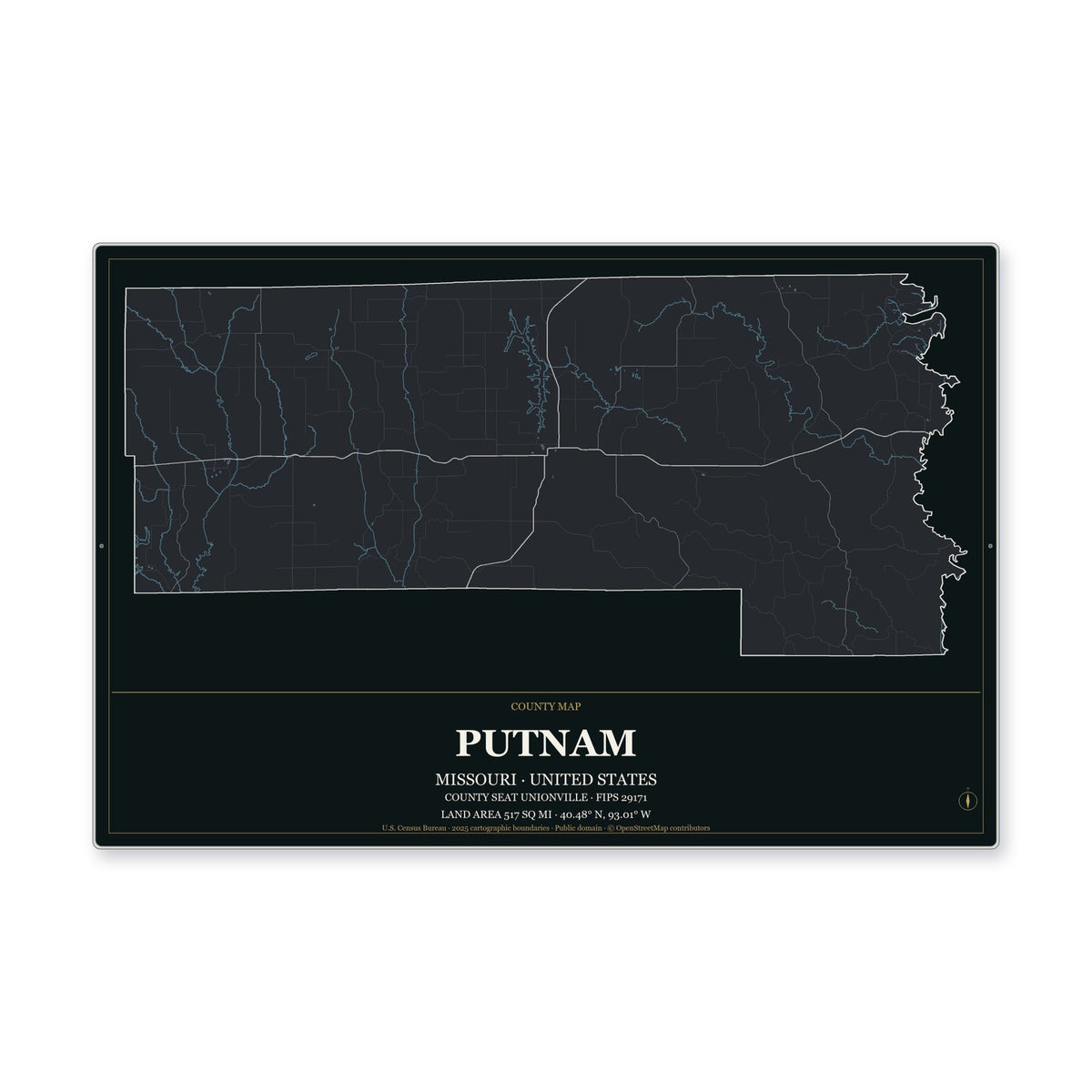 Putnam County, Missouri Map Aluminum Sign in Metropolitan Noir style