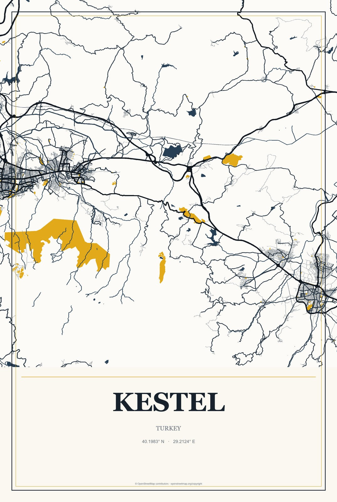 Kestel, Antalya, Turkey City Map Aluminum Sign in Citrine Modern style