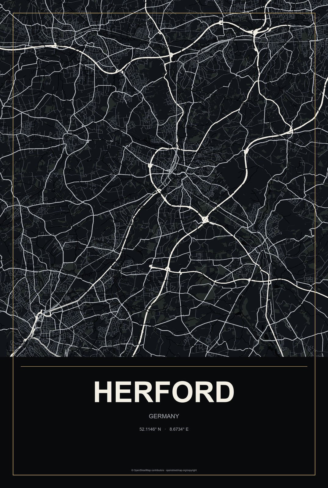 Herford, Germany City Map Aluminum Sign in Metropolitan Noir style