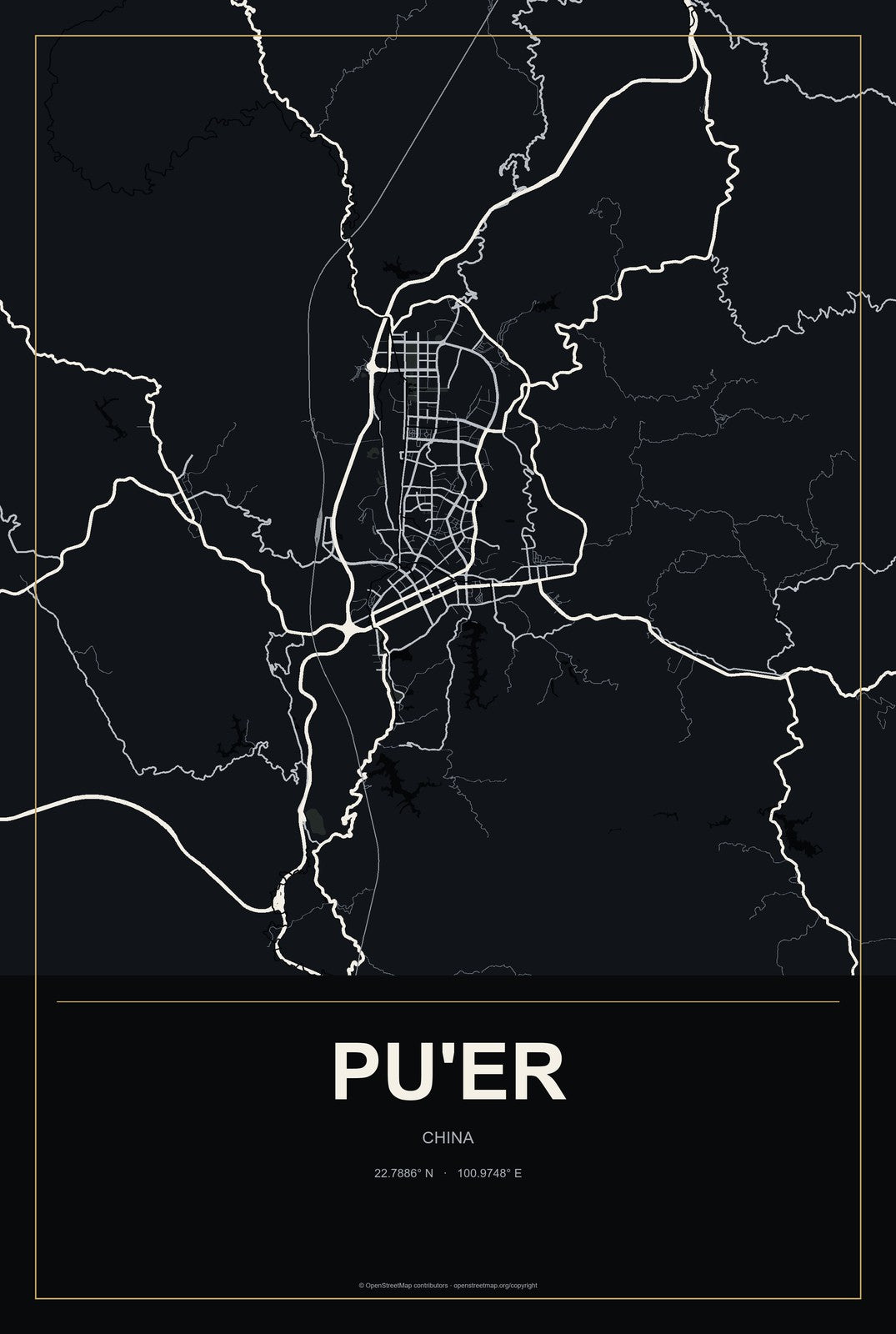 Pu'er, China City Map Aluminum Sign in Metropolitan Noir style