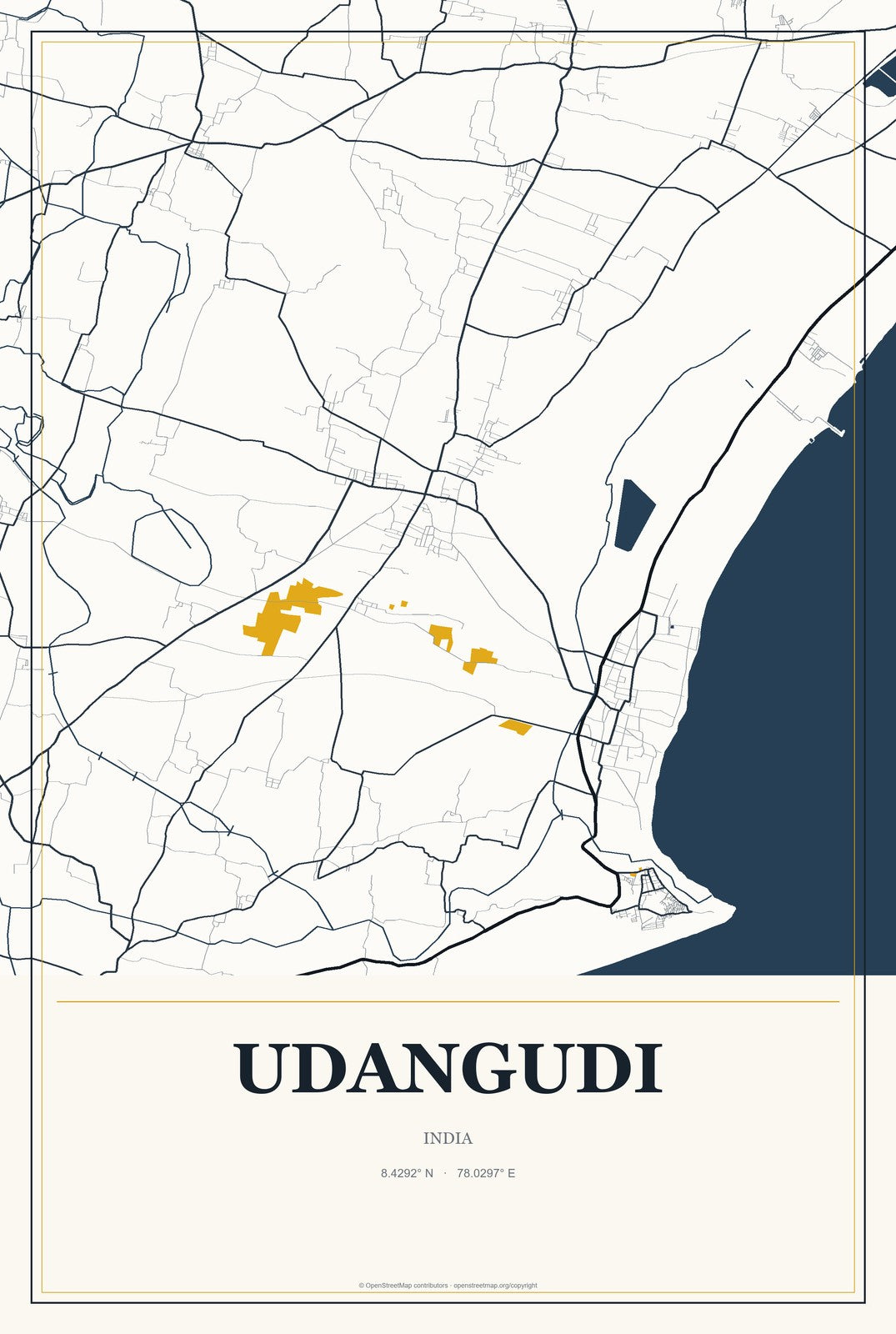 Udangudi, India City Map Aluminum Sign in Citrine Modern style