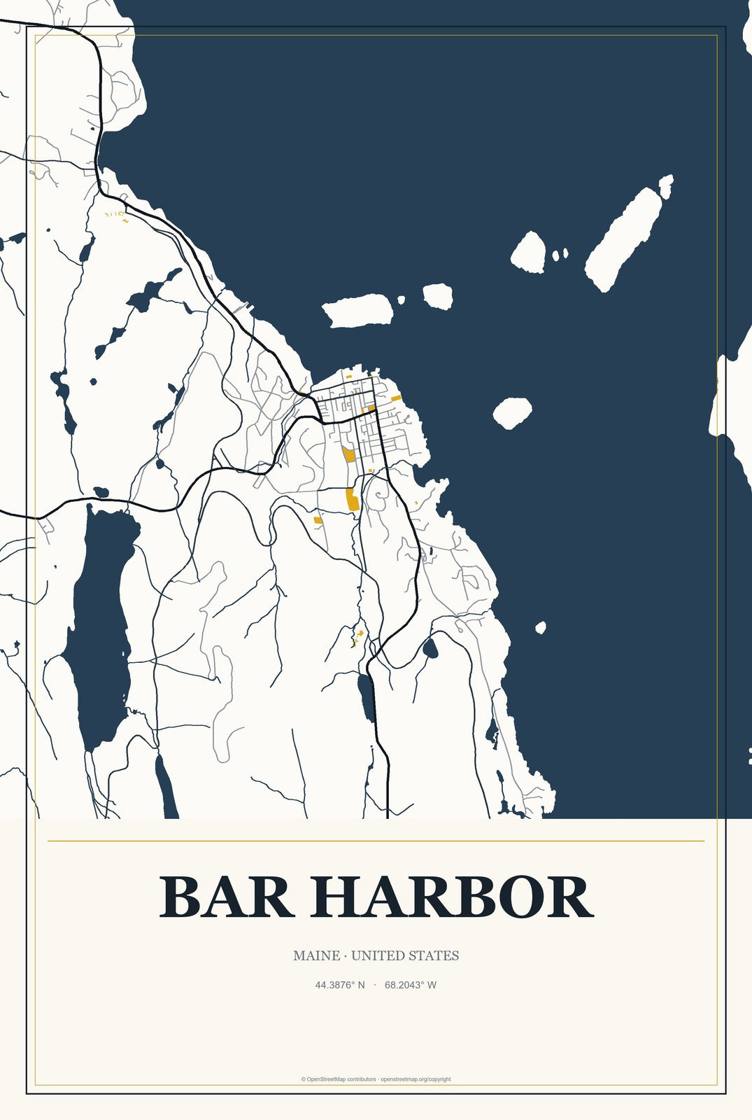 Bar Harbor, Maine City Map Aluminum Sign in Citrine Modern style