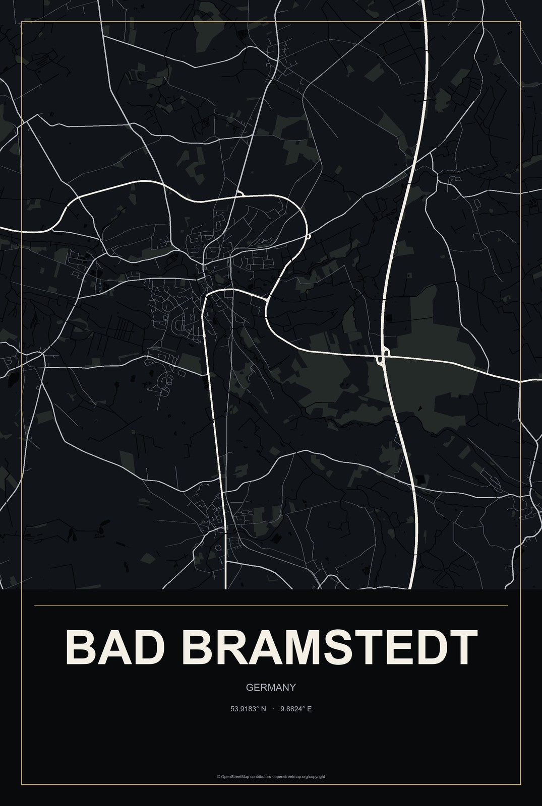 Bad Bramstedt, Germany City Map Aluminum Sign in Metropolitan Noir style