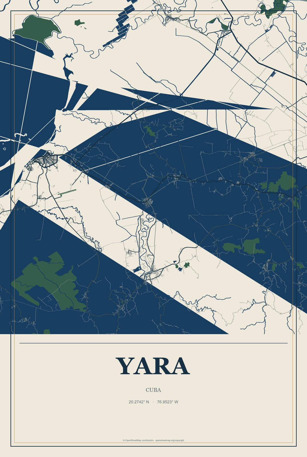 Yara, Cuba City Map Aluminum Sign in Coastal Cutout style