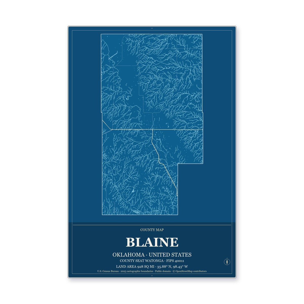 Blaine County, Oklahoma Map Aluminum Sign in Harbor Cobalt style