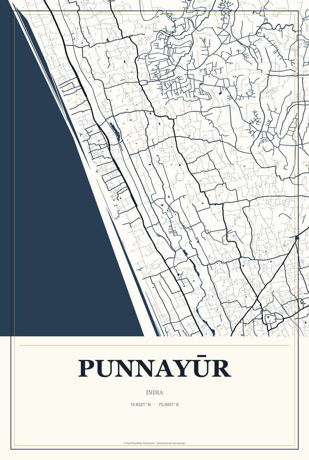 Punnayūr, India City Map Aluminum Sign in Citrine Modern style