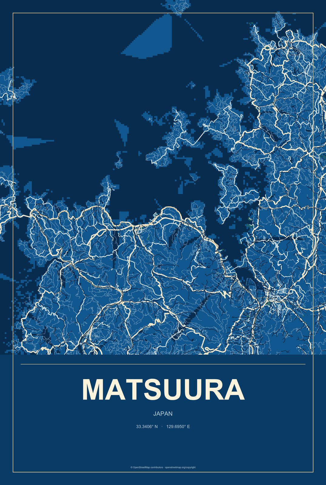 Matsuura, Japan City Map Aluminum Sign in Harbor Cobalt style