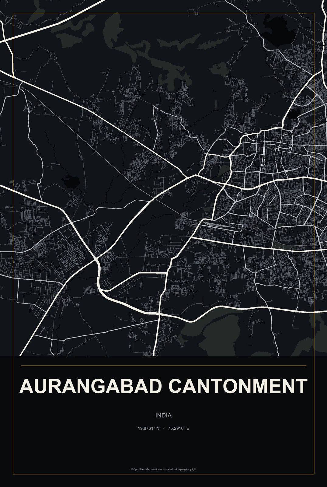 Aurangabad Cantonment, India City Map Aluminum Sign in Metropolitan Noir style