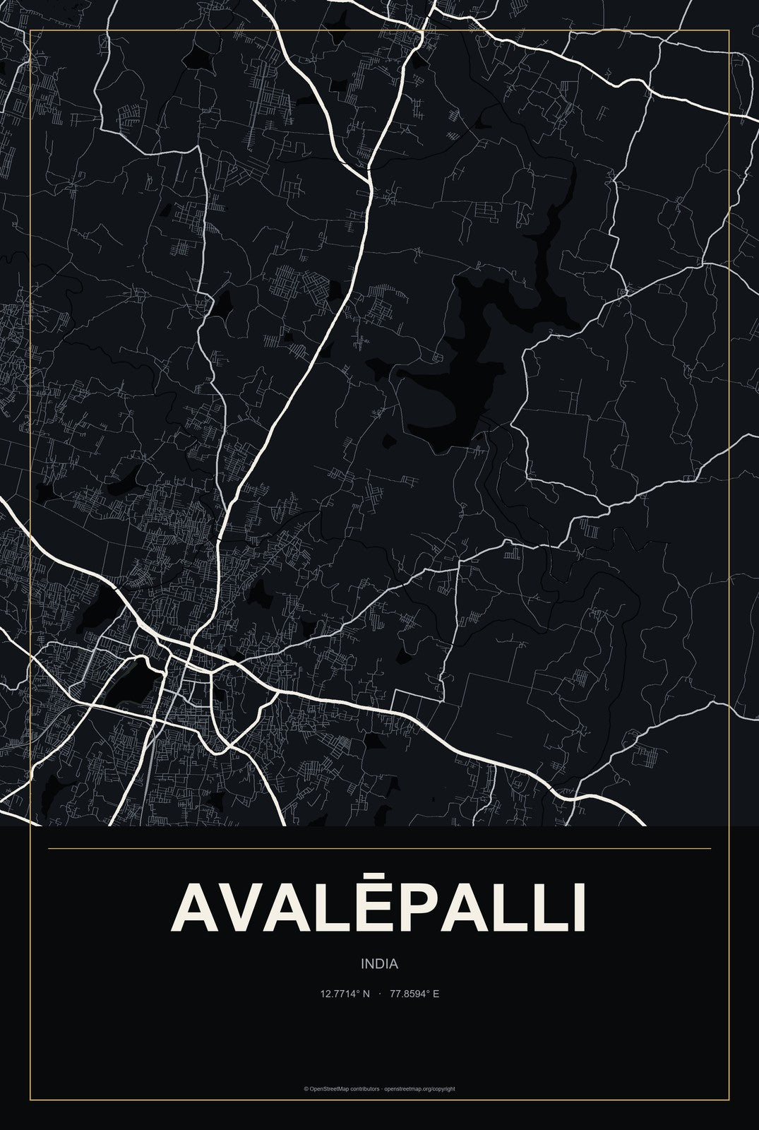 Avalēpalli, India City Map Aluminum Sign in Metropolitan Noir style