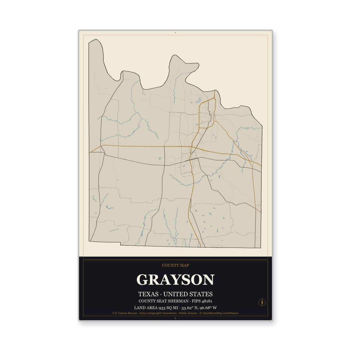 Grayson County, Texas Map Aluminum Sign in Museum Plaque style