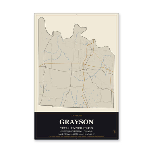 Grayson County, Texas Map Aluminum Sign in Museum Plaque style