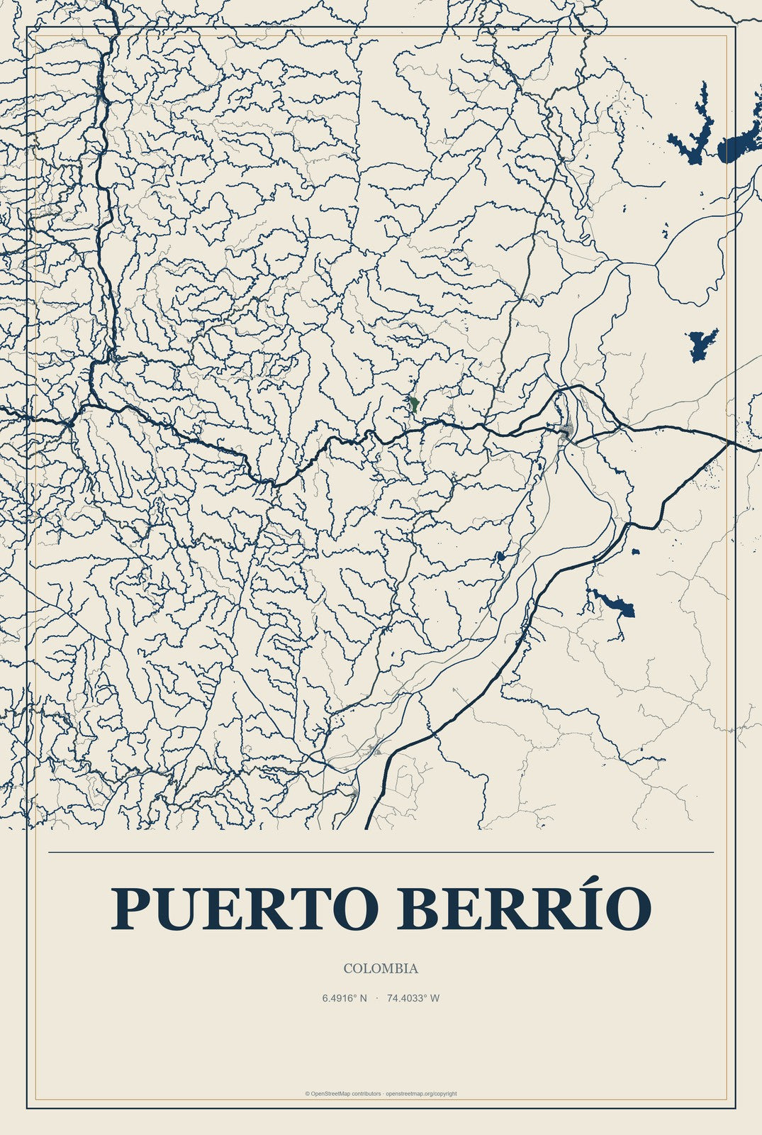 Puerto Berrío, Colombia City Map Aluminum Sign in Coastal Cutout style