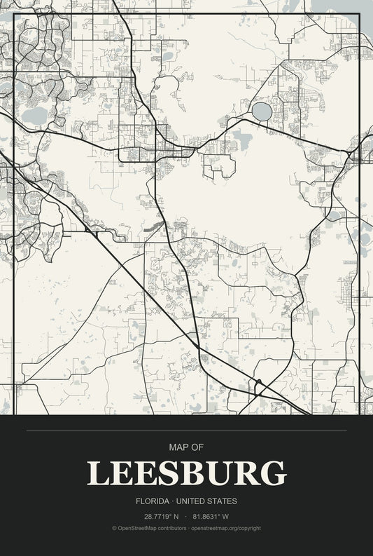 Leesburg, Florida City Map Aluminum Sign in Museum Plaque style