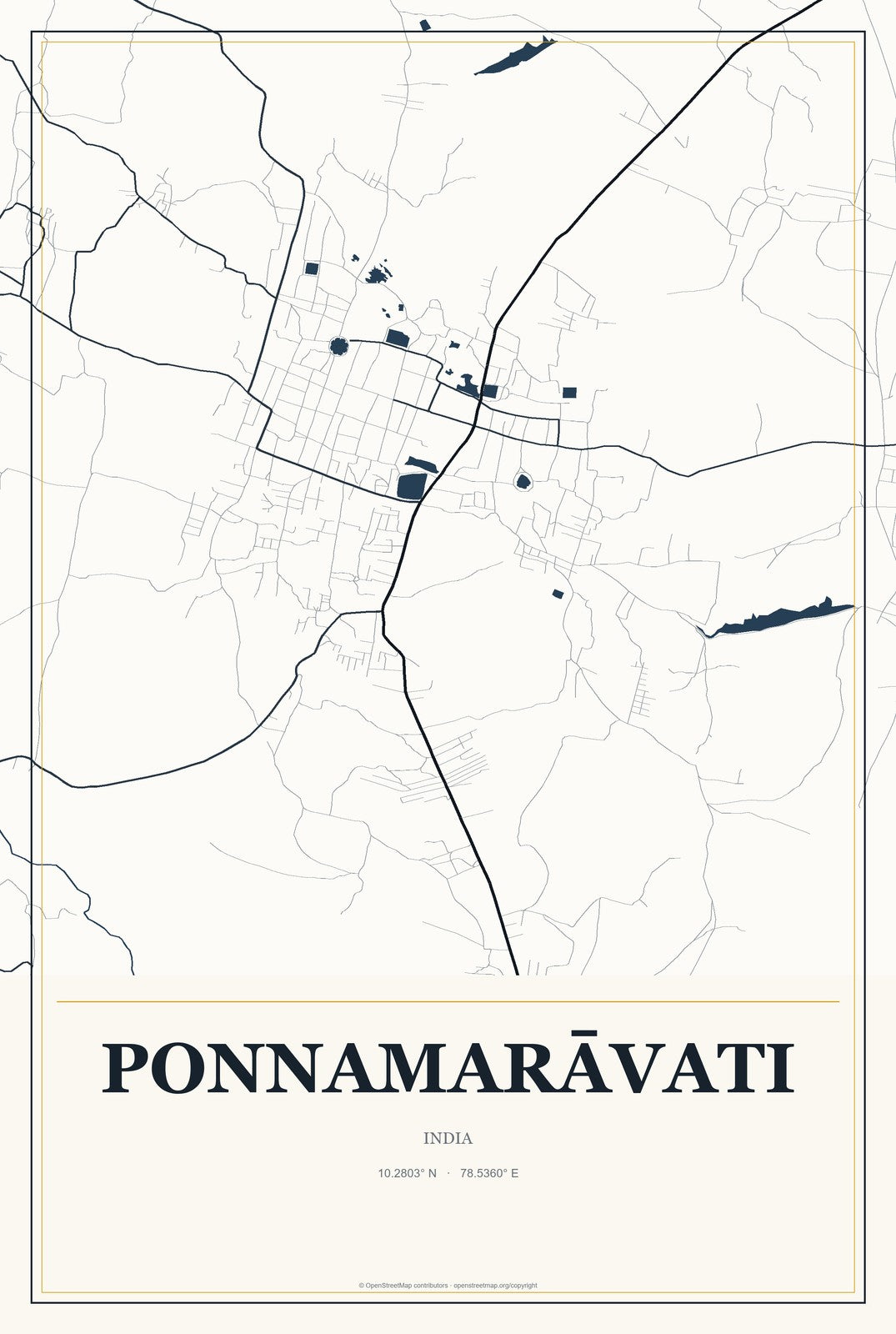 Ponnamarāvati, India City Map Aluminum Sign in Citrine Modern style