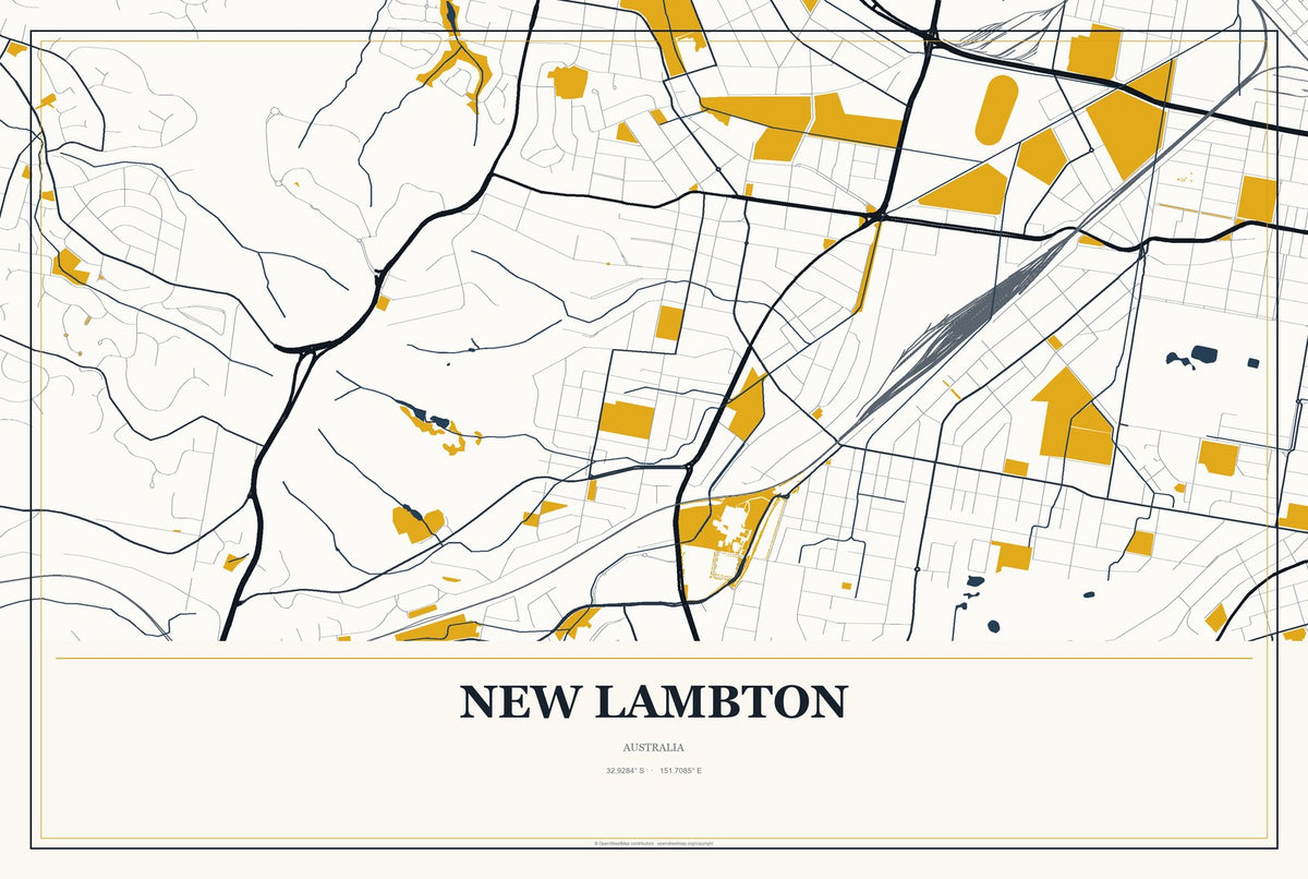 New Lambton, Australia City Map Aluminum Sign in Citrine Modern style